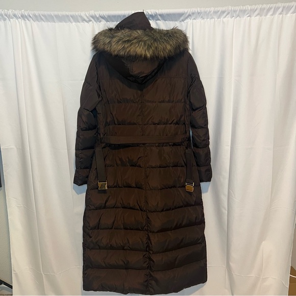 Michael Kors Brown Long Puffer Coat Belted Gold Logo Accents Women's Size L - Picture 3 of 11